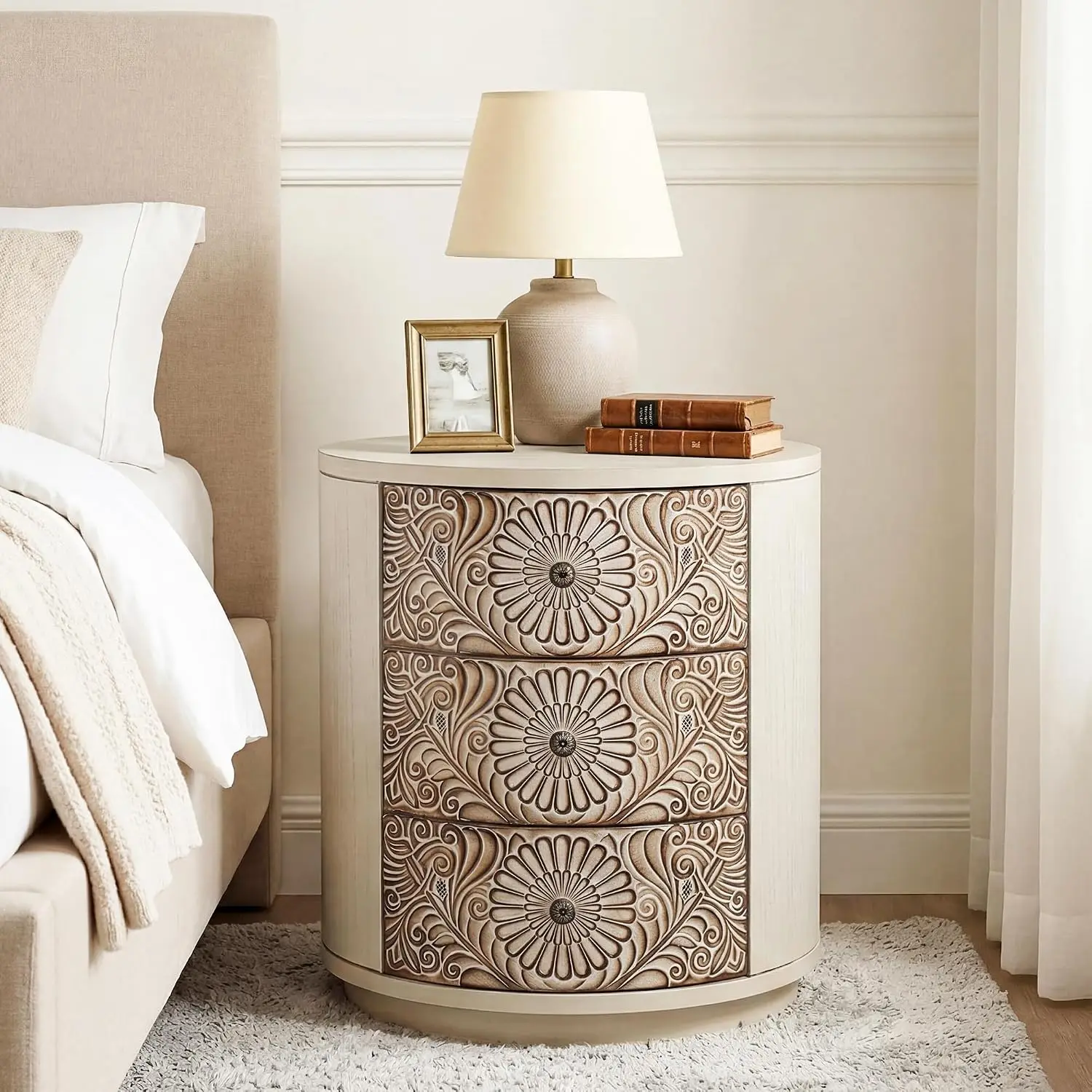 3 Drawer Chest of Drawers, 20 inch MDF Round Storage Cabinet, Retro Whitewash Finish Nightstand, Wood Bedside Table, Customized
