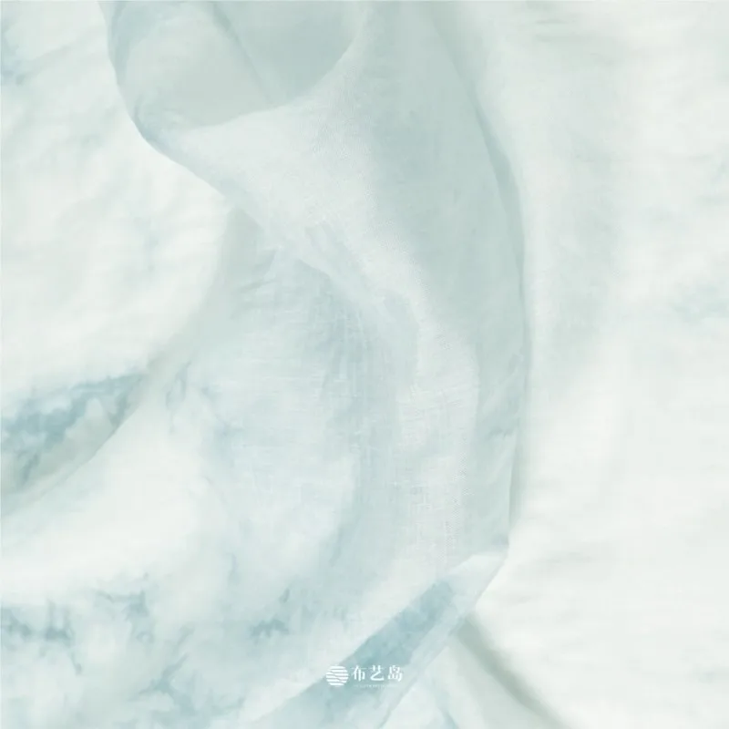 Blue white light tie-dyed silk linen cotton fabric gauze skirt Hanfu