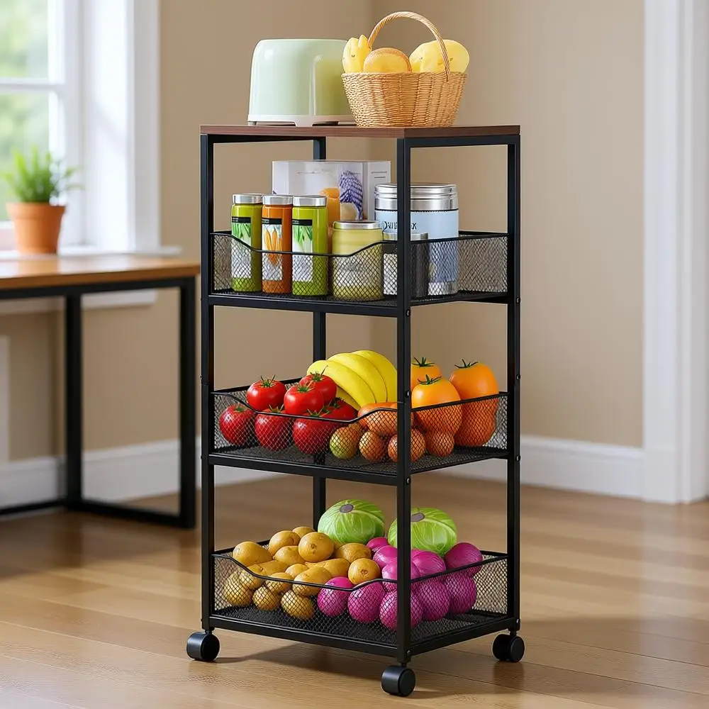

4-уровневая передвижная кухонная тележка с деревянной столешницей, органайзер для овощей и продуктов