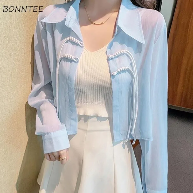 Chinese Style Shirts Women Short Summer Long Sleeve Breathable Sun Protected Chiffon Buckle Elegant Solid Simple All-match Chic