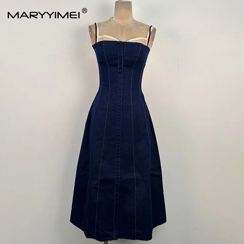MARYYIMEI Fish bones stitching denim ceremonial dress square neck sleeveless waist suspender dress 2026 summer women's new style