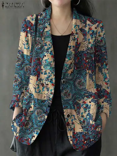 Imagen 1 del producto ZANZEA-Blazer Vintage con cuello de solapa para mujer, prendas de vestir con estampado Floral, trajes de algodón, chaquetas finas de trabajo de manga larga informales, moda de otoño