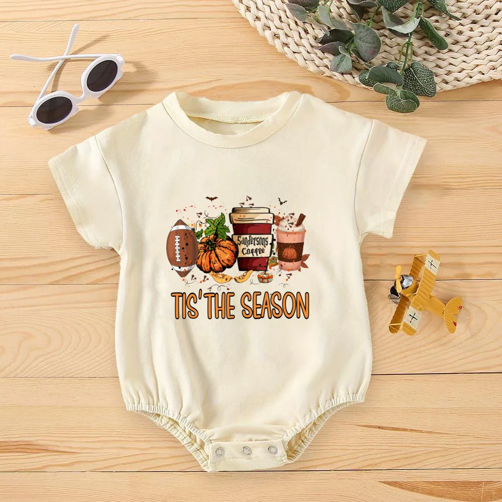 Tie The Season Pumpkin Latte Retro Halloween Bubble Romper Cute Fall Ghost Toddler Infant Bodysuit Retro Halloween Clothes