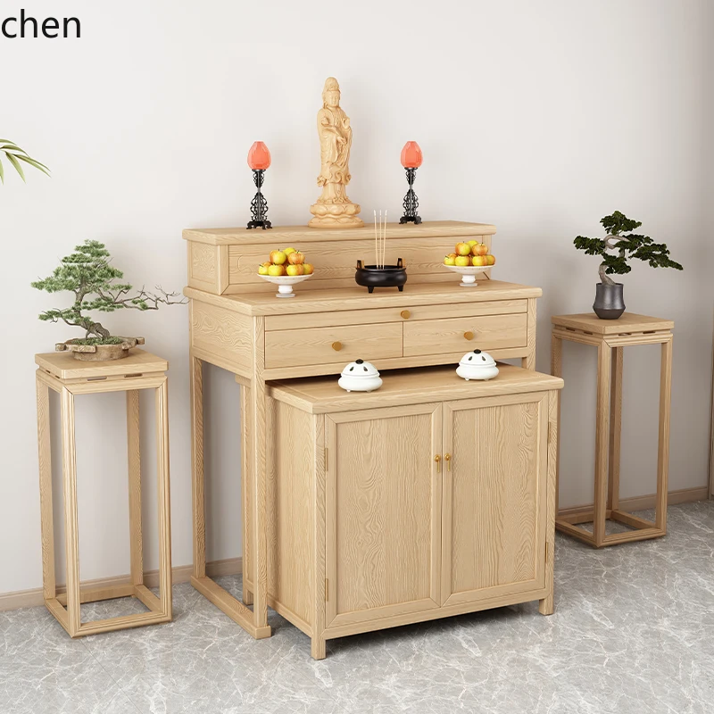 HT Solid Wood Household Offering Table Modern Combination Guanyin God of Wealth Ancestor Altar Cabinet