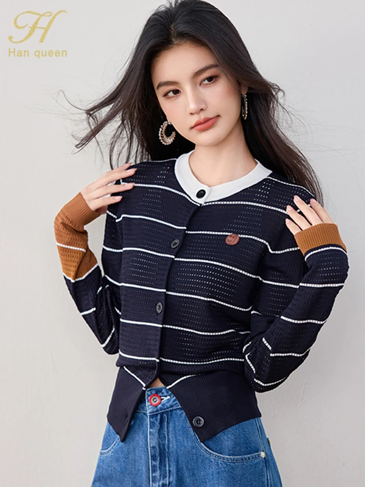 

H Han Queen Korean Stripes Casual T-Shirts Basic Long Sleeve Vintage Tops Female Clothing Fashion Hollow Out Knitwear Women Tee