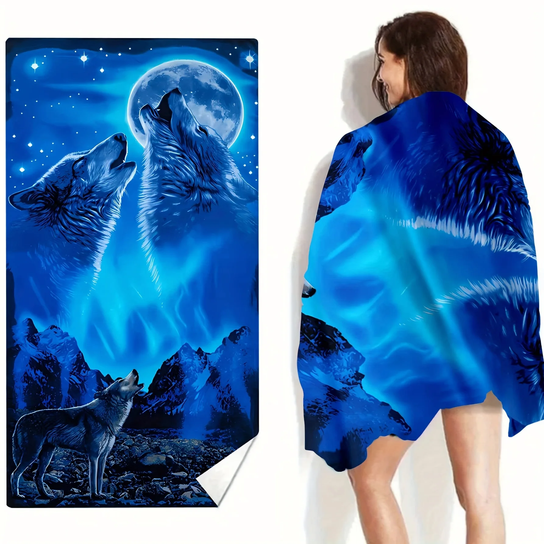 Oversized Quick Dry Microfiber Beach Towel with Wolf Pattern - Super Absorbent and Lightweight