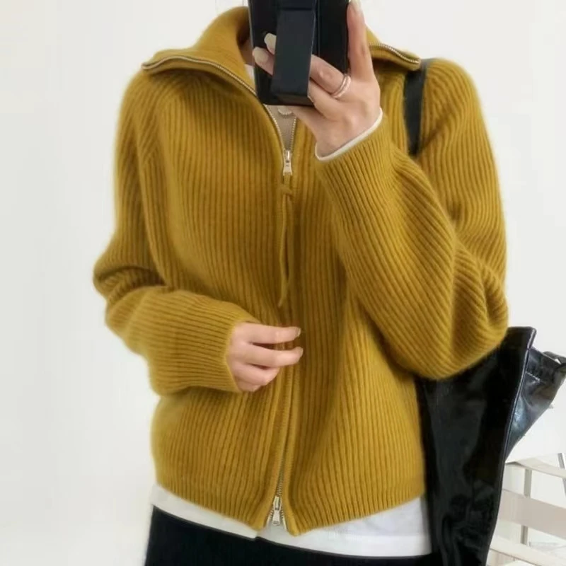 Zippered Lapel Cashmere Sweater Women\'s Thickening Cardigan Loose 100% Wool Jacket Korean Version Fashion Knitted Sweater Top