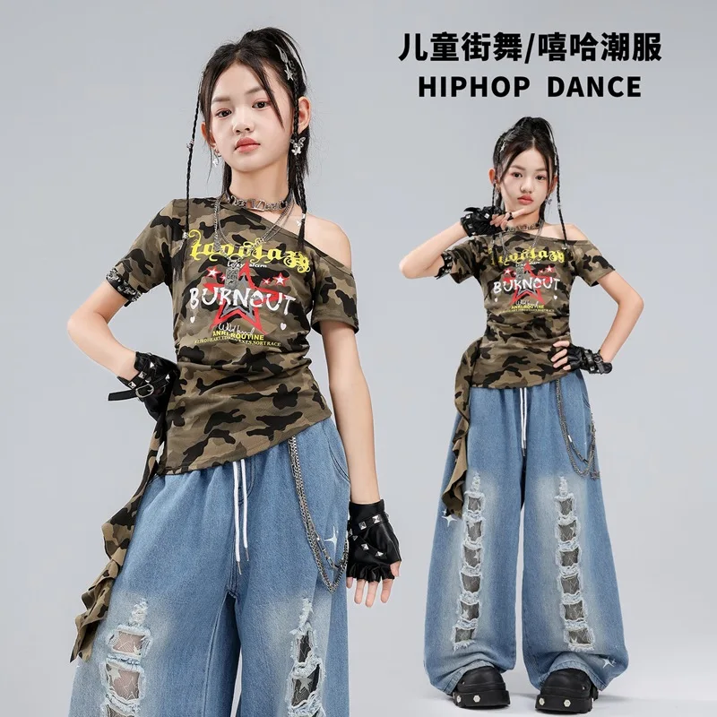 Teen Girls Hip Hop Dance Costumes Camo Off Shoulder Letter Print Tops Blue Hollow Wide Leg Pants Set Kids Kpop Stage Streetwear