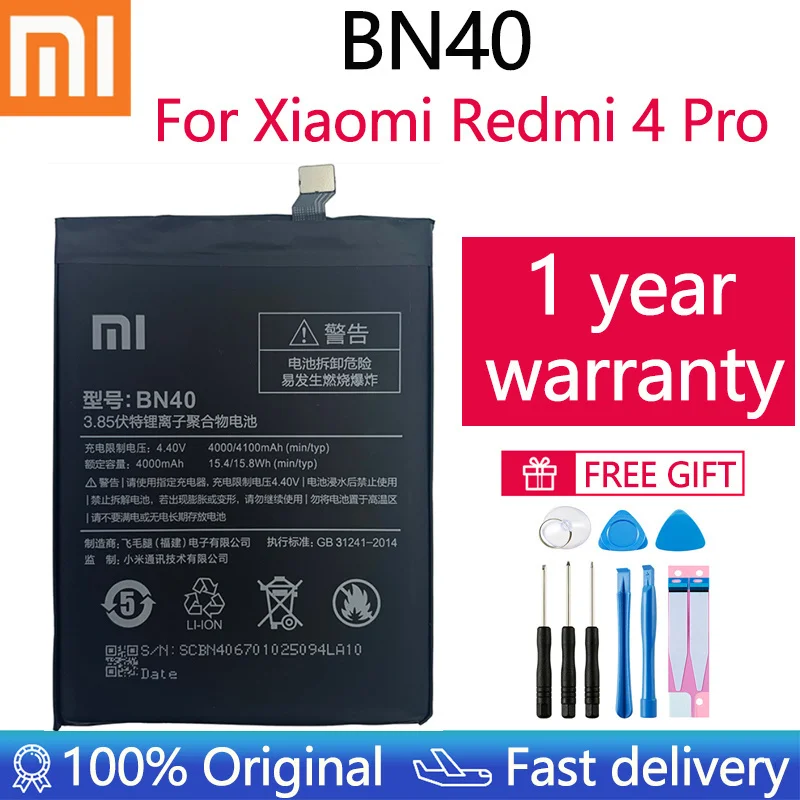 

Оригинальный аккумулятор для телефона Xiao Mi BN40 для Xiaomi Redmi 4 Pro Prime, 3 ГБ ОЗУ, 32 Гб ПЗУ, высококачественные сменные батареи для телефона 4100 мАч