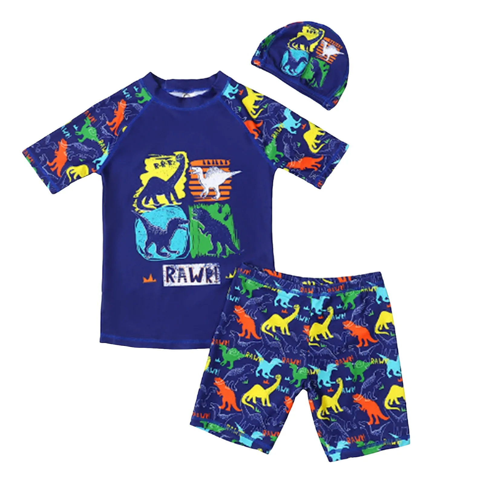 

Kids 3 Piece Clothes Childrens Short Sleeved Sun Swimsuit Boy's Two Piece Sun Suit Dinosaur Pattern Toddler Boy Pant Set