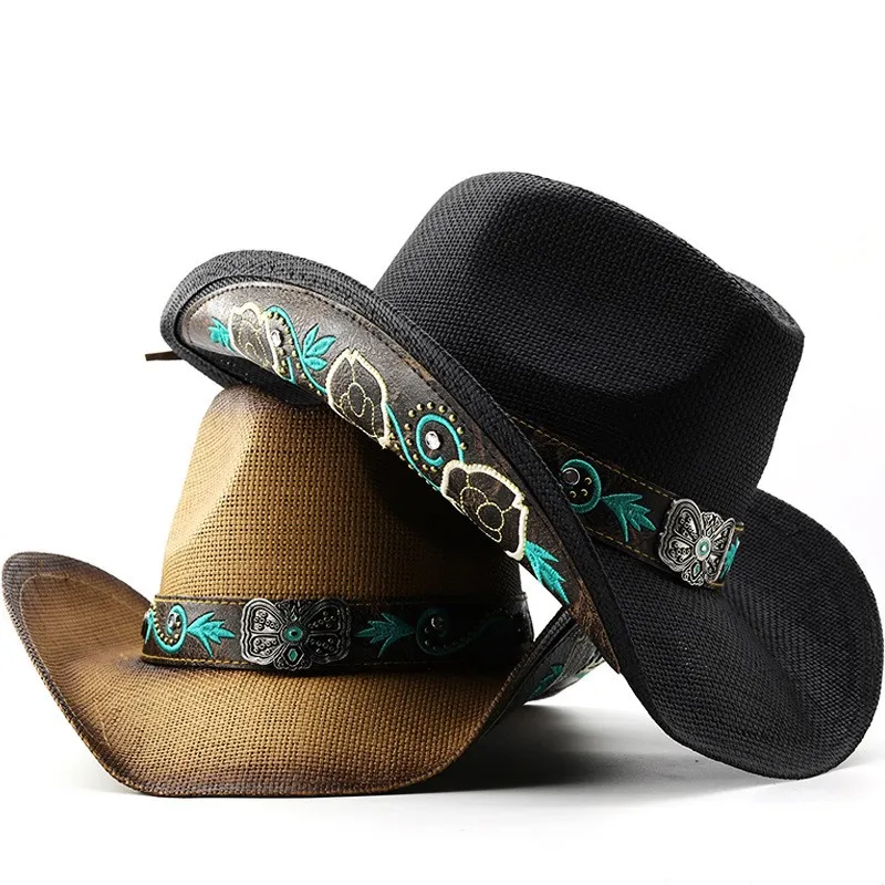 Men's and women's leather embroidered hat sunshade top ethnic style