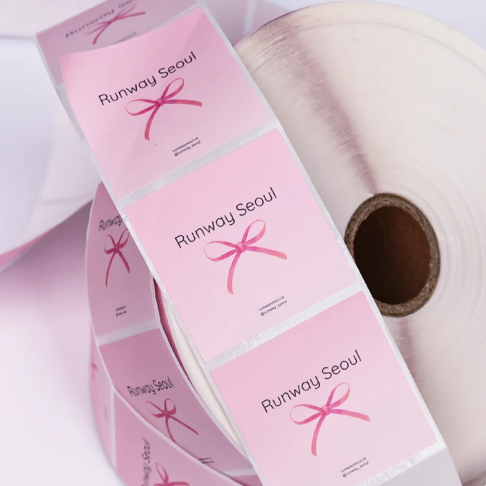 Customized logo printing packaging stickers printing rolls labels art paper pink stickers