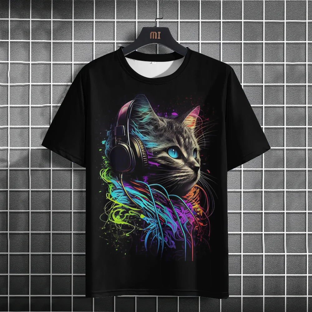 Funny Cat Print T Shirt For Men Fashion O-neck Short Sleeve Tops Rock Music Harajuku Animal T-Shirt Summer Loose Casual Clothing