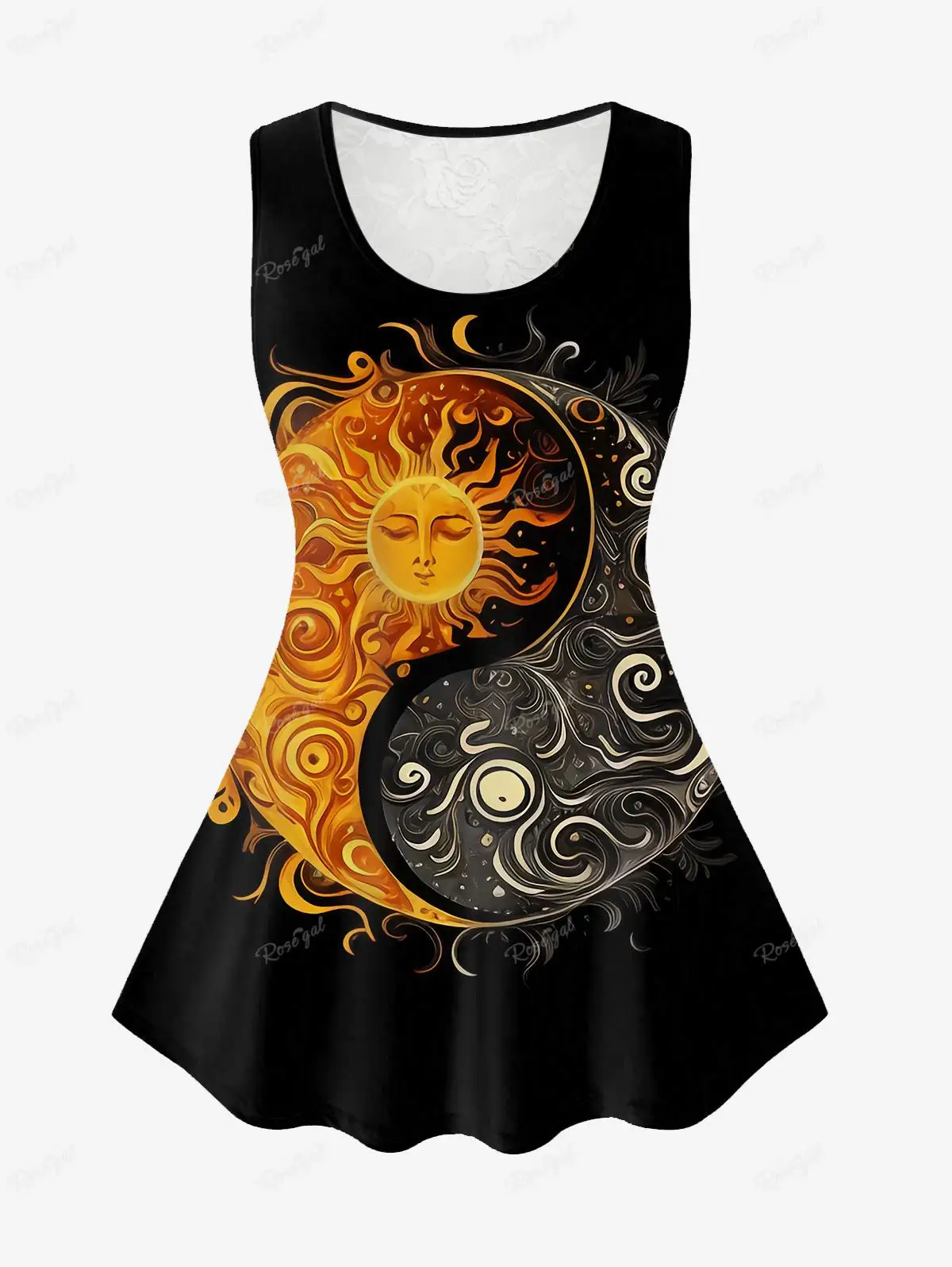 Plus Size Gothic Floral Lace Back Sun Moon Printed Tank Top Spring,Summer Casual Round Neck Vest For Women