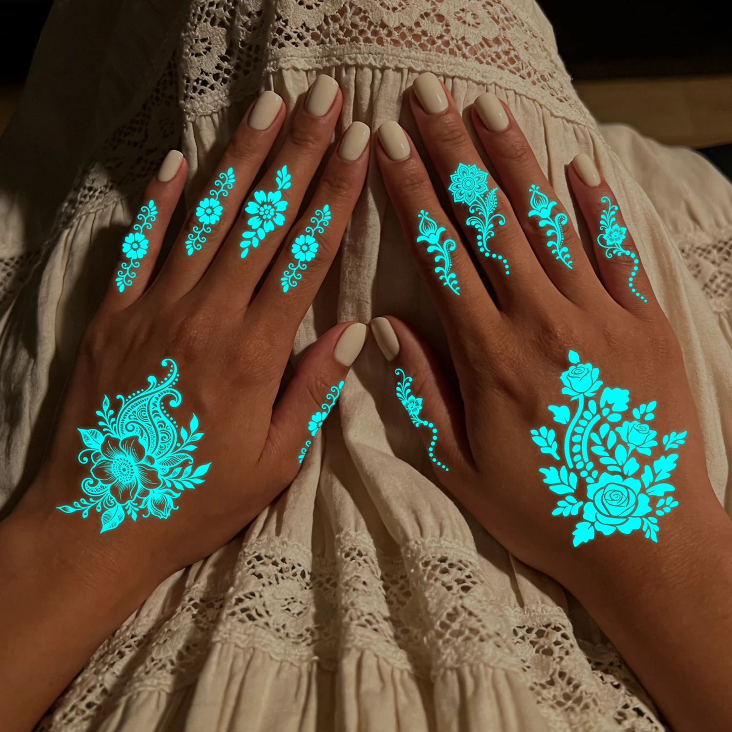 10 Sheets Glow Henna-style Tattoo Kit, Waterproof Temporary Henna-Pattern Tattoos Stickers for Women Wedding Party view 3
