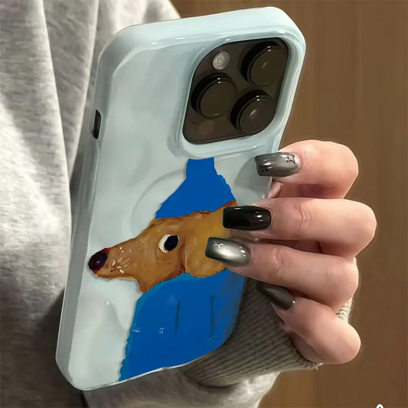 Blue Hat Puppy Folds Texture Soft Silicone Phone Case For iPhone 16 17 Air 15 14 13 12 11 Pro Max Plus Cute Cartoon Back Cover