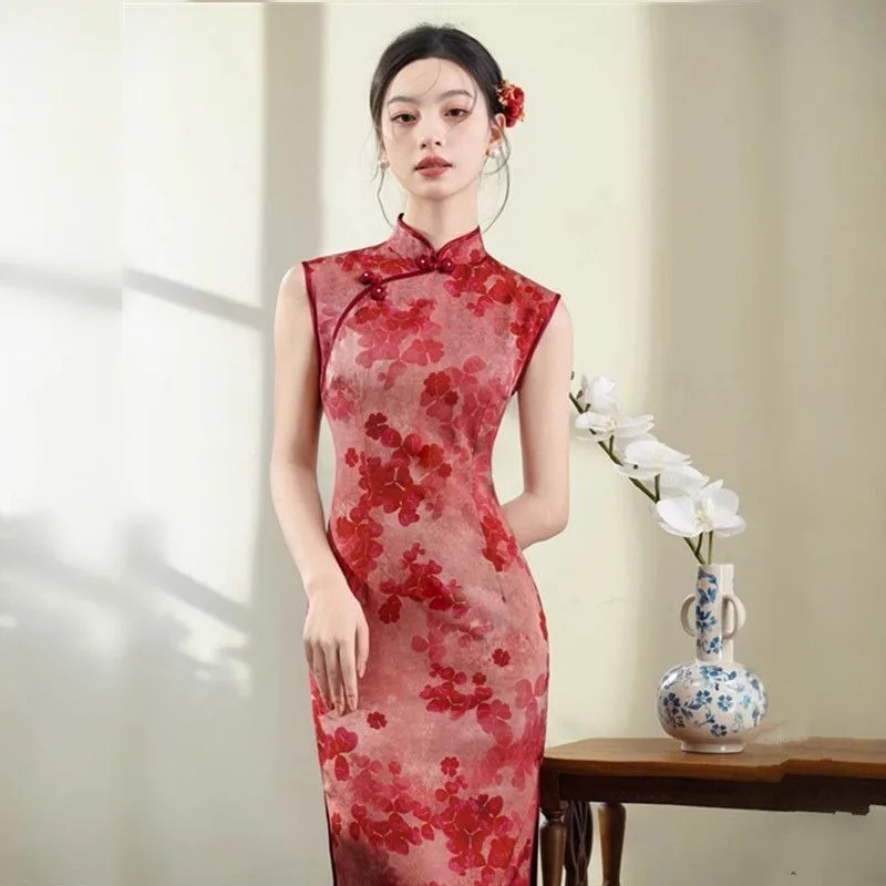 

Red Improved Sleeveless Long Cheongsam Imitation Acetic Acid New Chinese-style Women Clothing Ancient-style Exam Farewell Dress