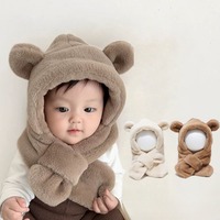 Coffee Warm Newsboy Cap Hat Scarf for Infant Baby Fashion Kawaii Cartoon Bear Ear Newborn Hat Thicken Plush Warmer Toddler Scarf