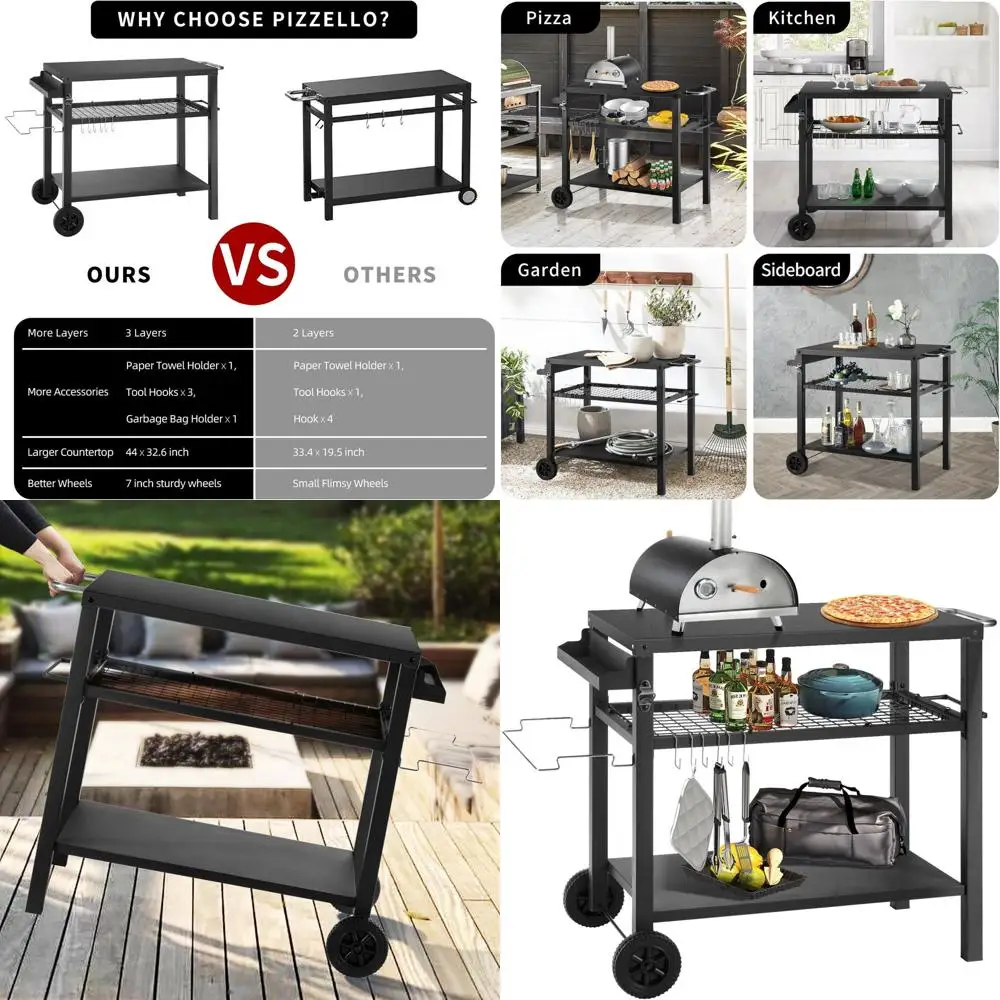 

Portable Outdoor Kitchen Cart with 3 Shelves, Pizza Oven Stand, and Multipurpose Prep Table - Black
