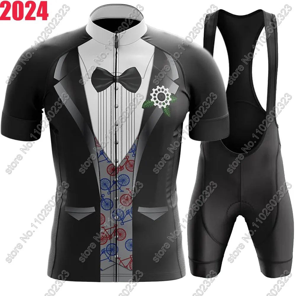 Tuxedo Cycling Jersey 2024 Set Mens Short Sleeve Green Gentleman Clothing Kit Road Bike Suit Bicycle Shirt Bib Shorts