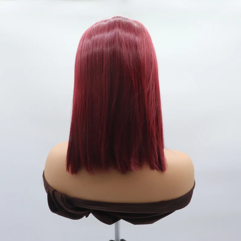 Hand-crafted lace front for women, gradient burgundy, shoulder-length short straight hair, full synthetic fiber wig