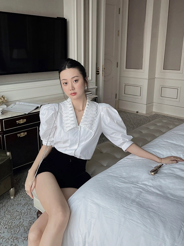 

Женская блузка Les Ruelle с пышными рукавами, кружевным V-образным вырезом, утягивающая, из чистого хлопка, однотонная, универсальная, с пуговицами, стандартный крой L