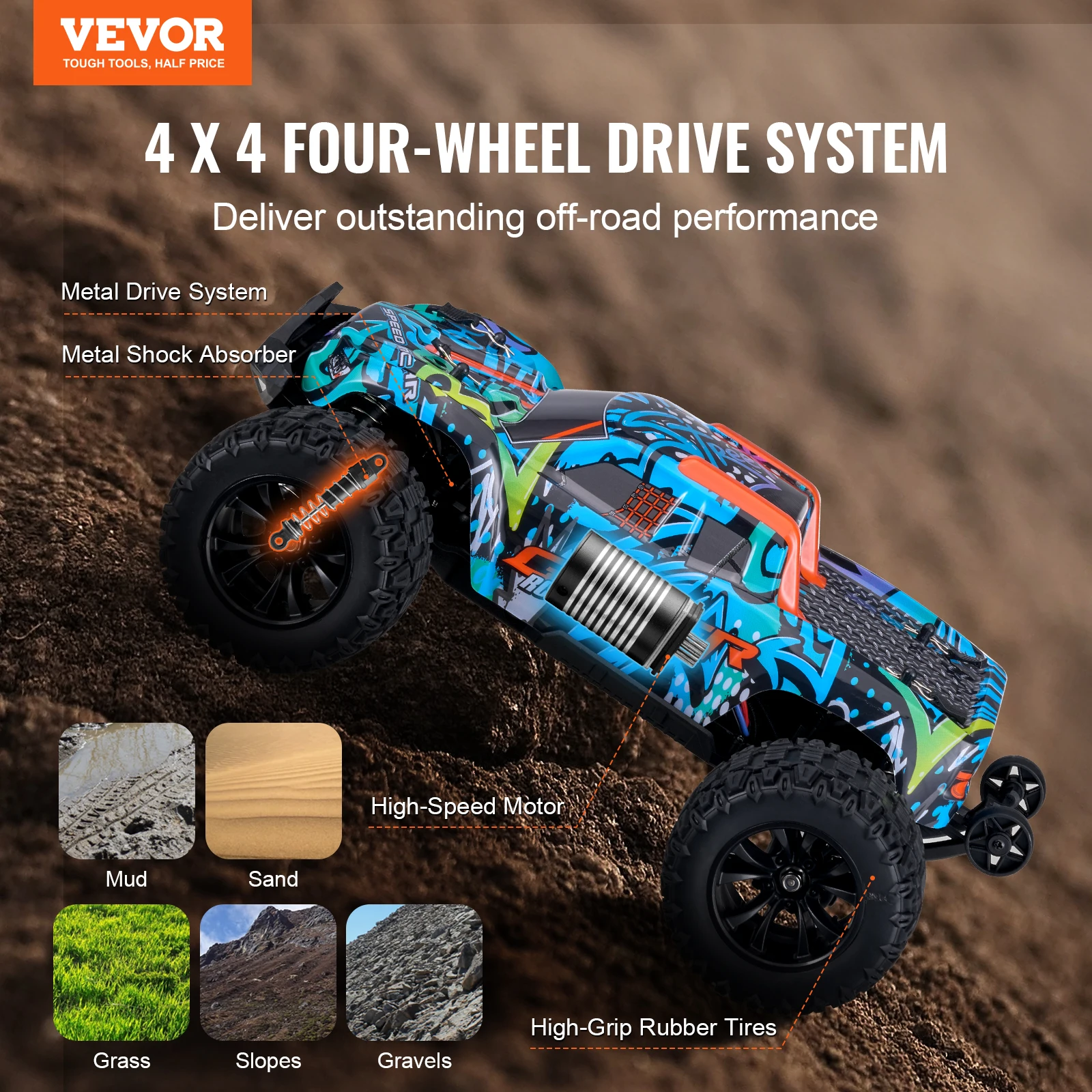 VEVOR 1:14 42KM/H 4WD RC Car with Adjustable Speed Remote Control Off-Road Truck Drift Monster for Kids Boys Hobby Toys Gifts