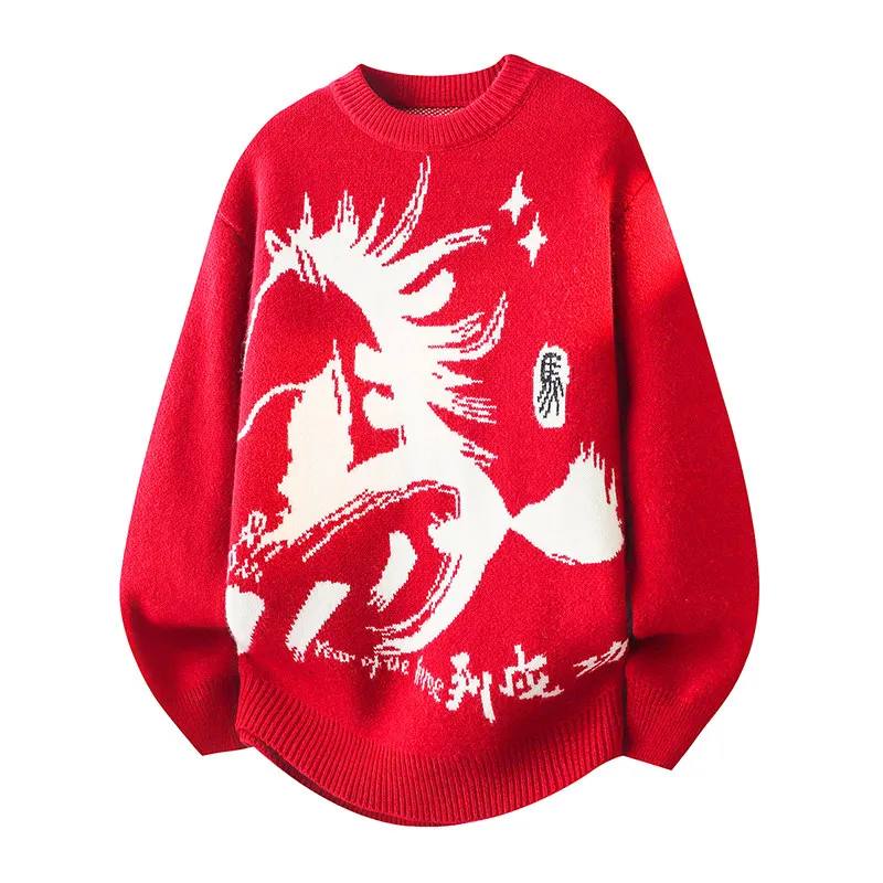 

Новинка 2024 года, мужской вязаный свитер, зимняя одежда для пары, год, красный трикотаж, шерстяной свитер для подростков, теплый эластичный круглый новый