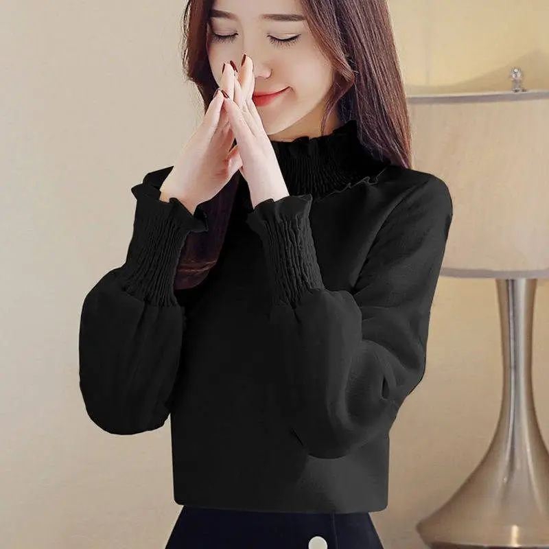 Spring Autumn Women Clothes New Long Sleeve Solid Pleated Simplicity Office Tops All-match Elegant Loose T Shirts Fashion Korean