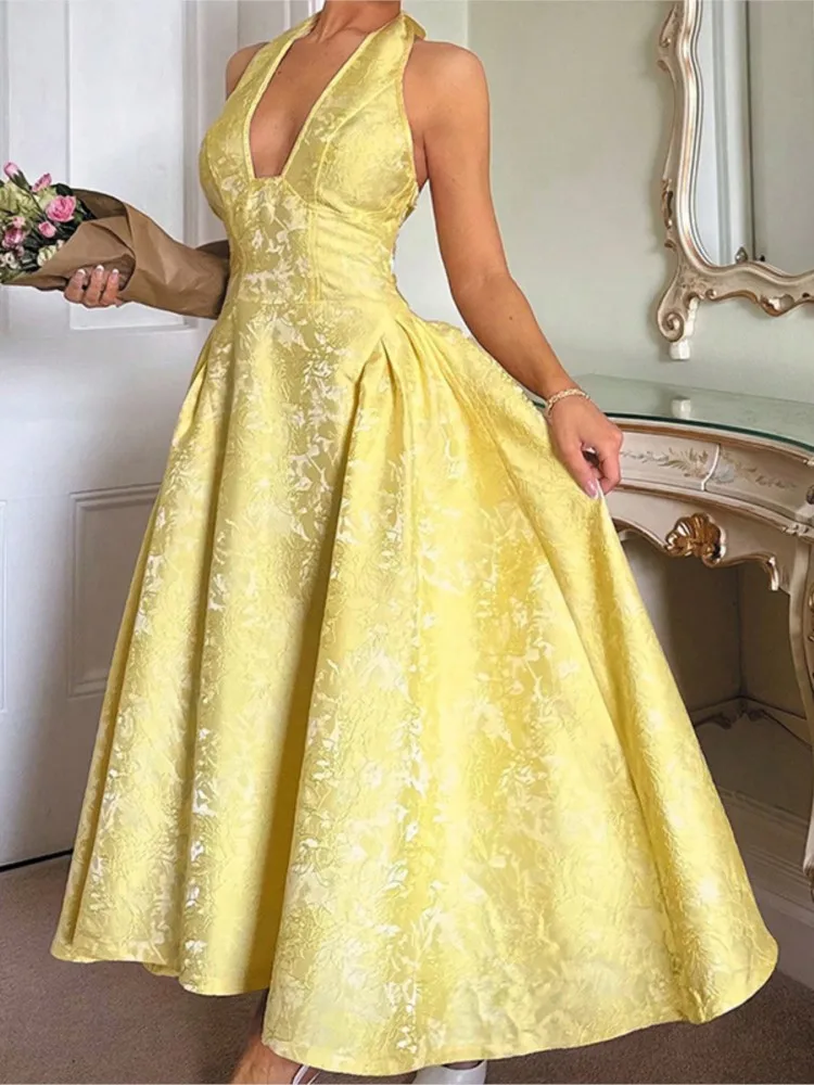 

Party Dresses For Woman V-neck Sleeveless Evening Dress Halter Neck Temperament Vestidos Backless Leace-up Robe Solid Color Slim