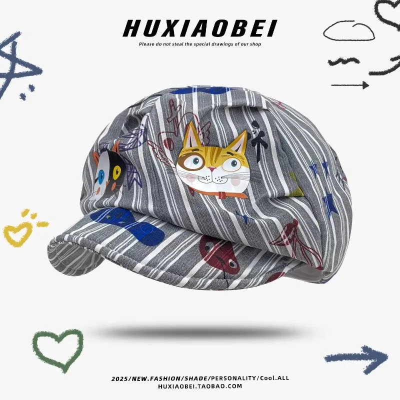 

Korean Niche Cat Graffiti Printing Color Matching Striped Berets for Women Spring Summer Fashion Versatile Cute Painter Hats