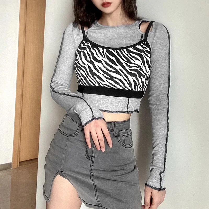 Harajuku Hollow Out Crop Tops Streetwear 2023 Vintage Punk Zebra Print Long Sleeve Tops Women Autumn Sexy Patchwork Basic Top
