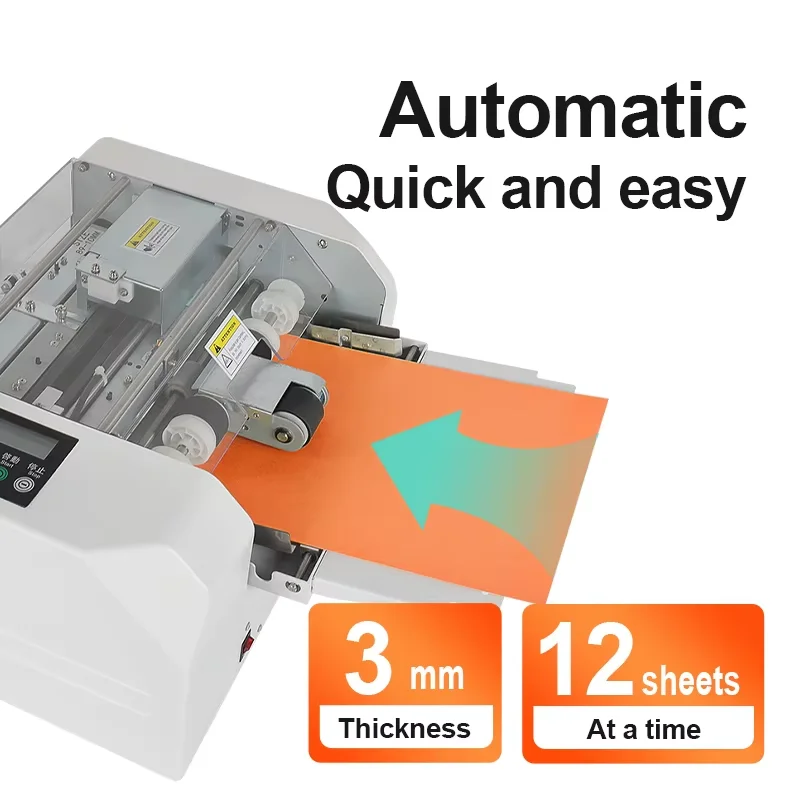 

QK-A4-F Automatic Card Cutter for Name Cards & Badges with Friction Feed System and Lift-Cover Safety Stop.