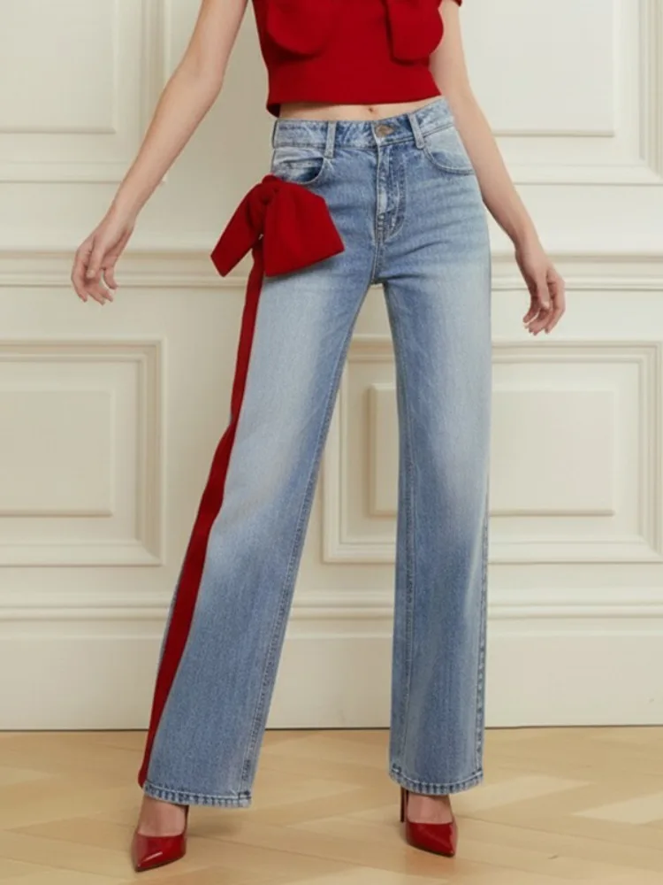 2026 Fashion Contrast Red Side Binding Bow Detail High Rise Wide Leg Jeans Casual Streetwear Straight Jeans Streetwear Pants