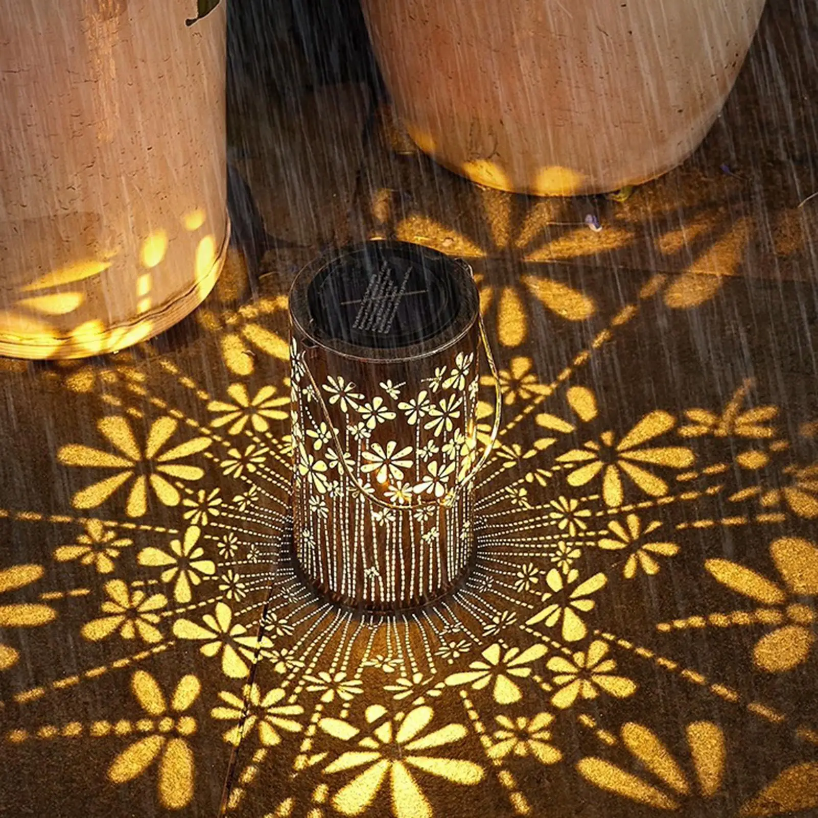 Garden scene with solar flower lanterns amongst plants