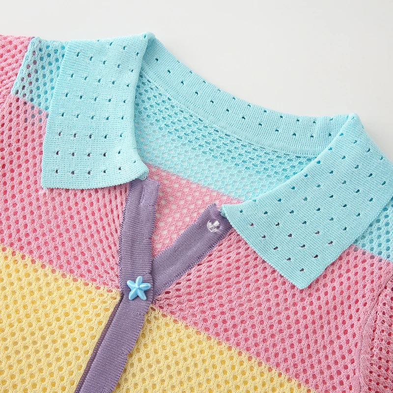 Sweet Knitted Hollow Design ort Sve Women's Striped Slimming Top Dopane Sle Summer New Arrival Casual Commute Wind