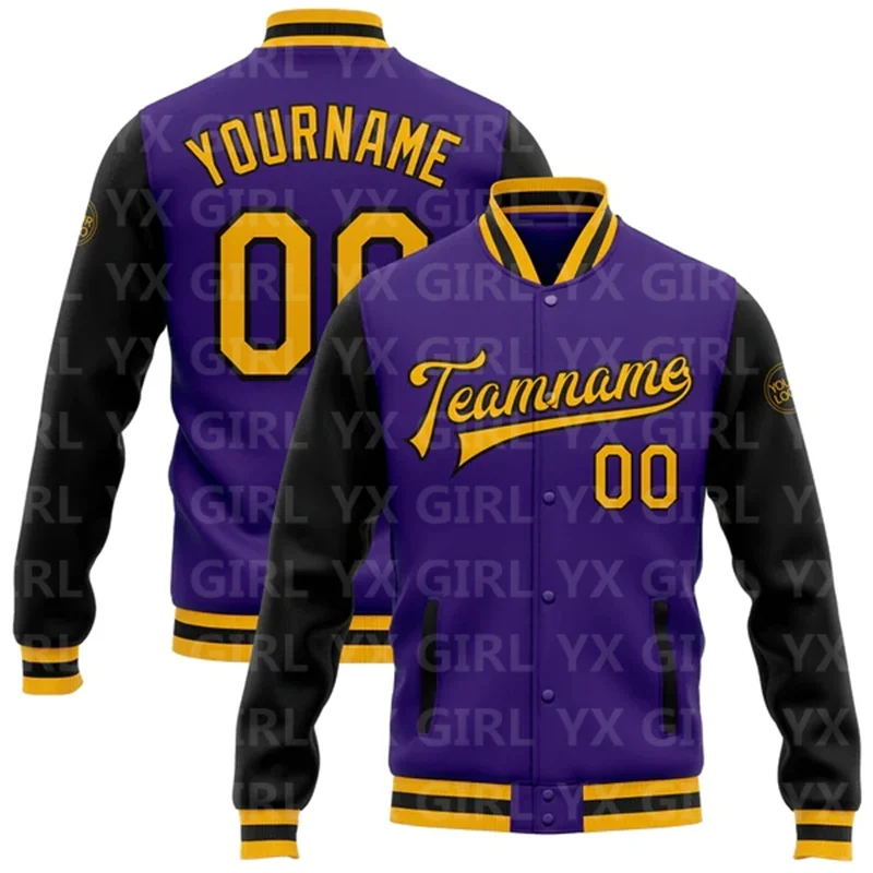 Custom Purple Black-Gray Bomber Full-Snap Varsity Letterman Split Fashion Jacket 3D Printed Baseball Button Jacket