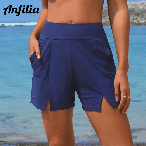 Anfilia 여성용 수영용 반바지, 주머니가 있는 하이 웨이스트, 불규칙한 밑단, 배 조절, 단색 내장 복서 브리프, 수영 탱키니 하의