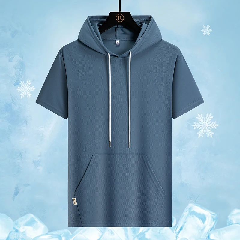 Men Fashionable Hooded Trendy Ice Silk T-shirt for Summer Outdoor Football Training Sweat Absorbing Quick Drying Casual T-shirt