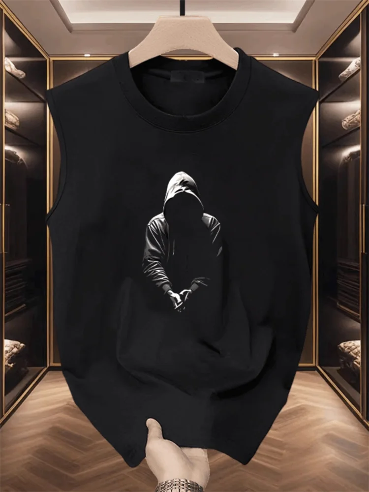 High-End Summer round Neck Sleeveless T-Shirt Vest Men's American Style Fitness Creative Print Pure Cotton Upper Apparel