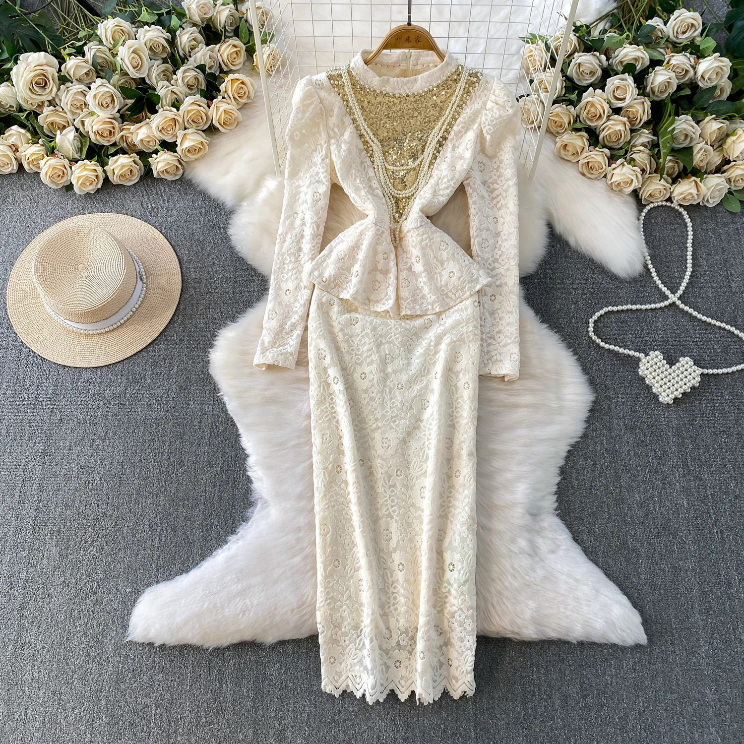 Summer Autumn Long Sleeve Bodycon Midi Lace Dress Women Logn Dresses Chinese Cheongsam Embroidery Sheath Party Vestidos Female