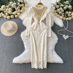 Summer Autumn Long Sleeve Bodycon Midi Lace Dress Women Logn Dresses Chinese Cheongsam Embroidery Sheath Party Vestidos Female