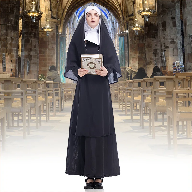 Disfraz de monja tradicional para mujer adulta, túnica negra, ropa de hermana, sacerdote católico religioso, vestido de fiesta de Cosplay, 1 unidad