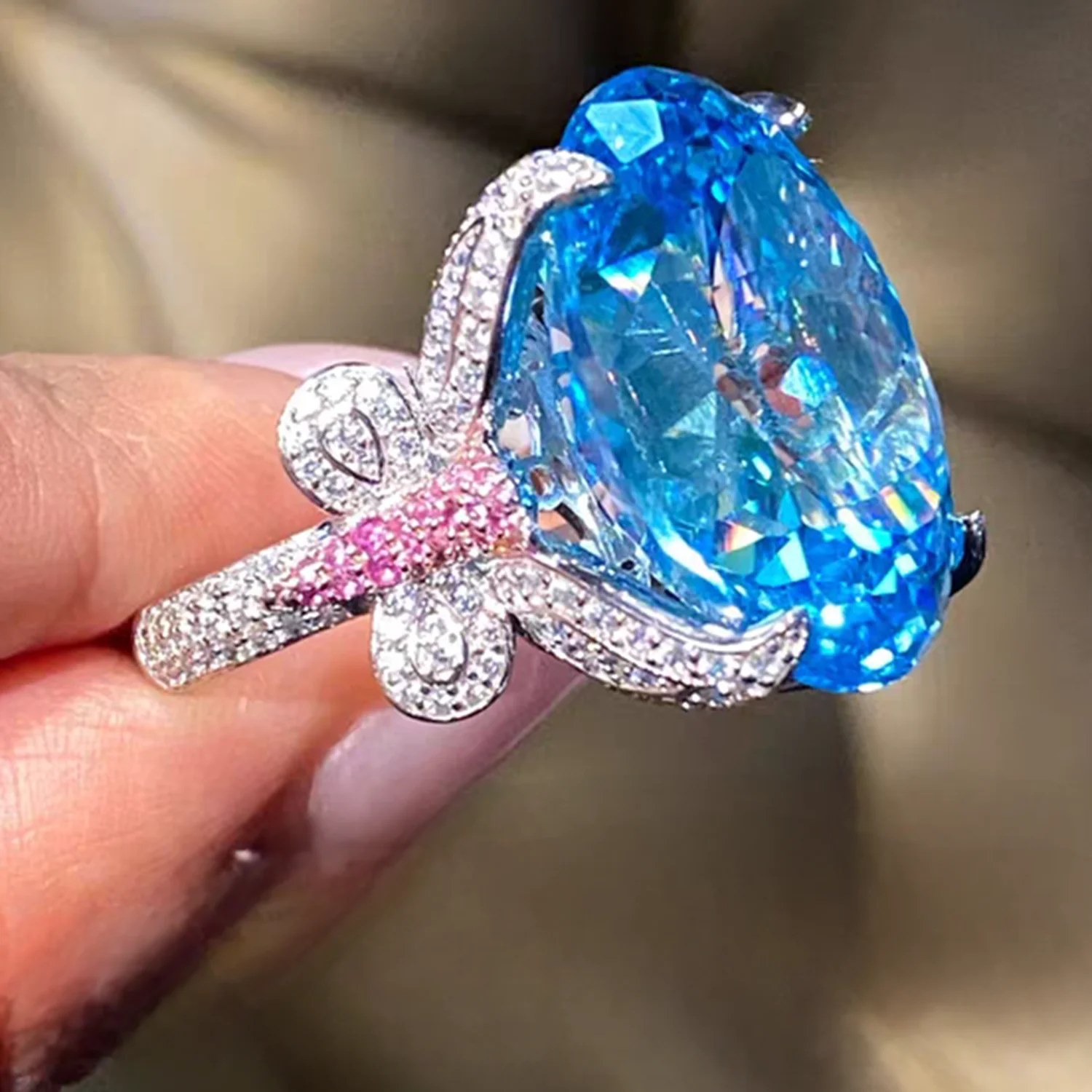 KQDANCE 925 Sterling Silver Big Cushion Cut 26 CT Sapphire Paraiba Topaz Blue High Carbon Diamonds Gemstone Ring Fine Jewelry