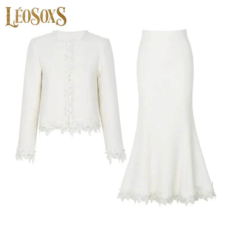 LEOSOXS Women's White Skirt Suit Long Sleeve Jacket Mermaid Skirt Lace Trim Pearl Detail Chic Design For Formal Occasions 2025