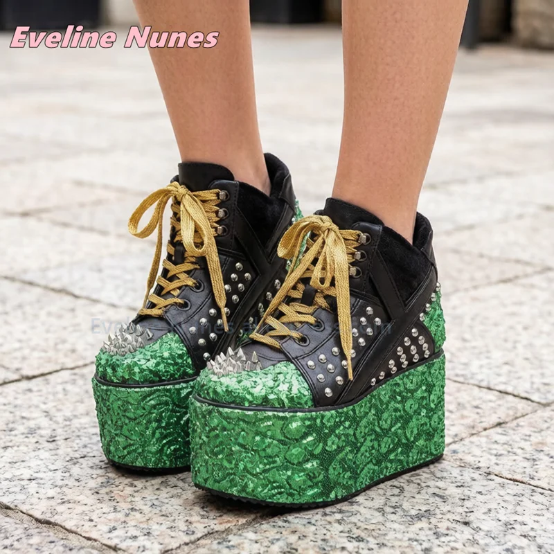 Women Green Sequin Platform Sneakers High Top Spiked Rivet Lace Up Shoes Chunky Thick Sole Punk Footwear Glitter Fashion Shoes