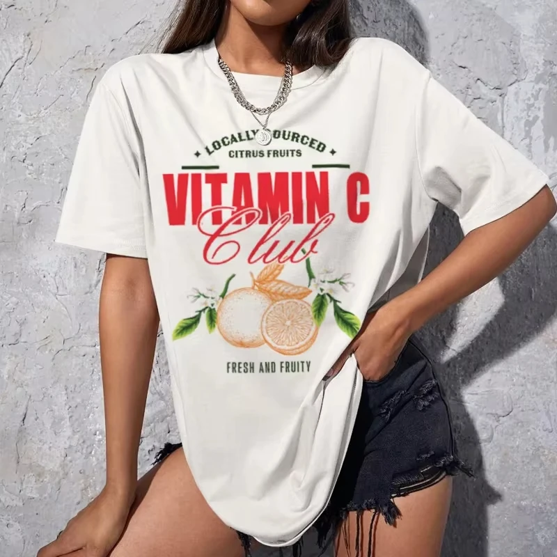 Orange Fruit Women Loose Vintage T-Shirts Cute Aesthetic Botanical T Shirt Retro Citrus Tee Summer Oversized Unisex Clothes