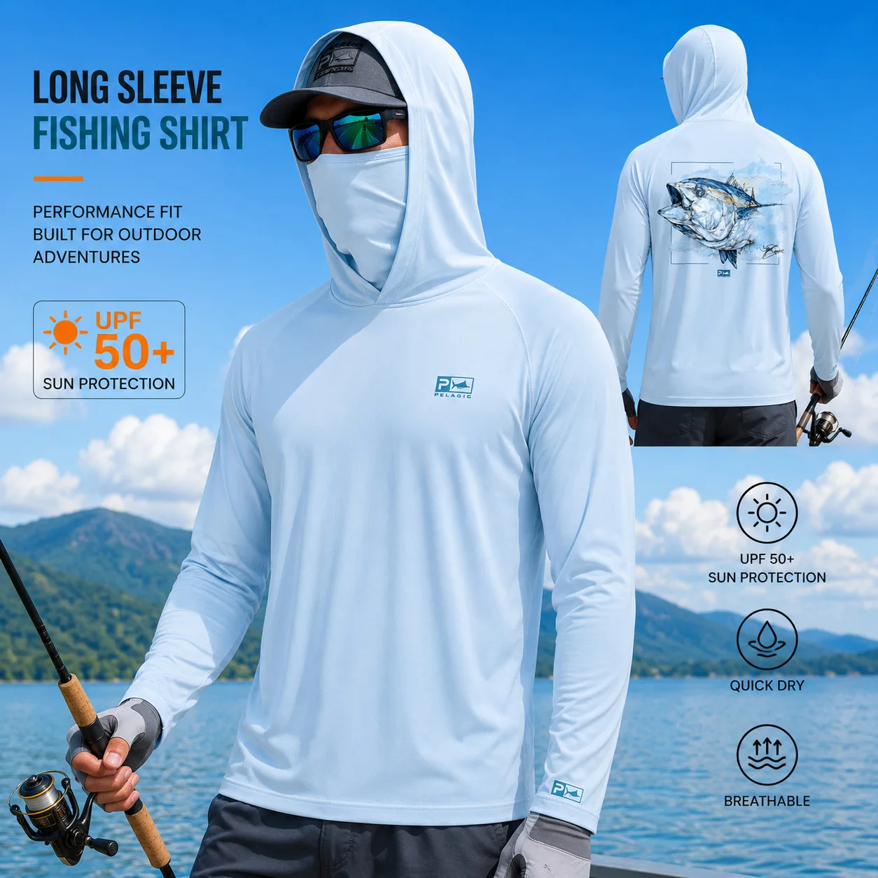 Top Men Fishing Hoodie Ice Silk UPF 50+ Sun Protection Breathable Quick Dry Lightweight Outdoor Sports Shirt MTB Bike Jersey