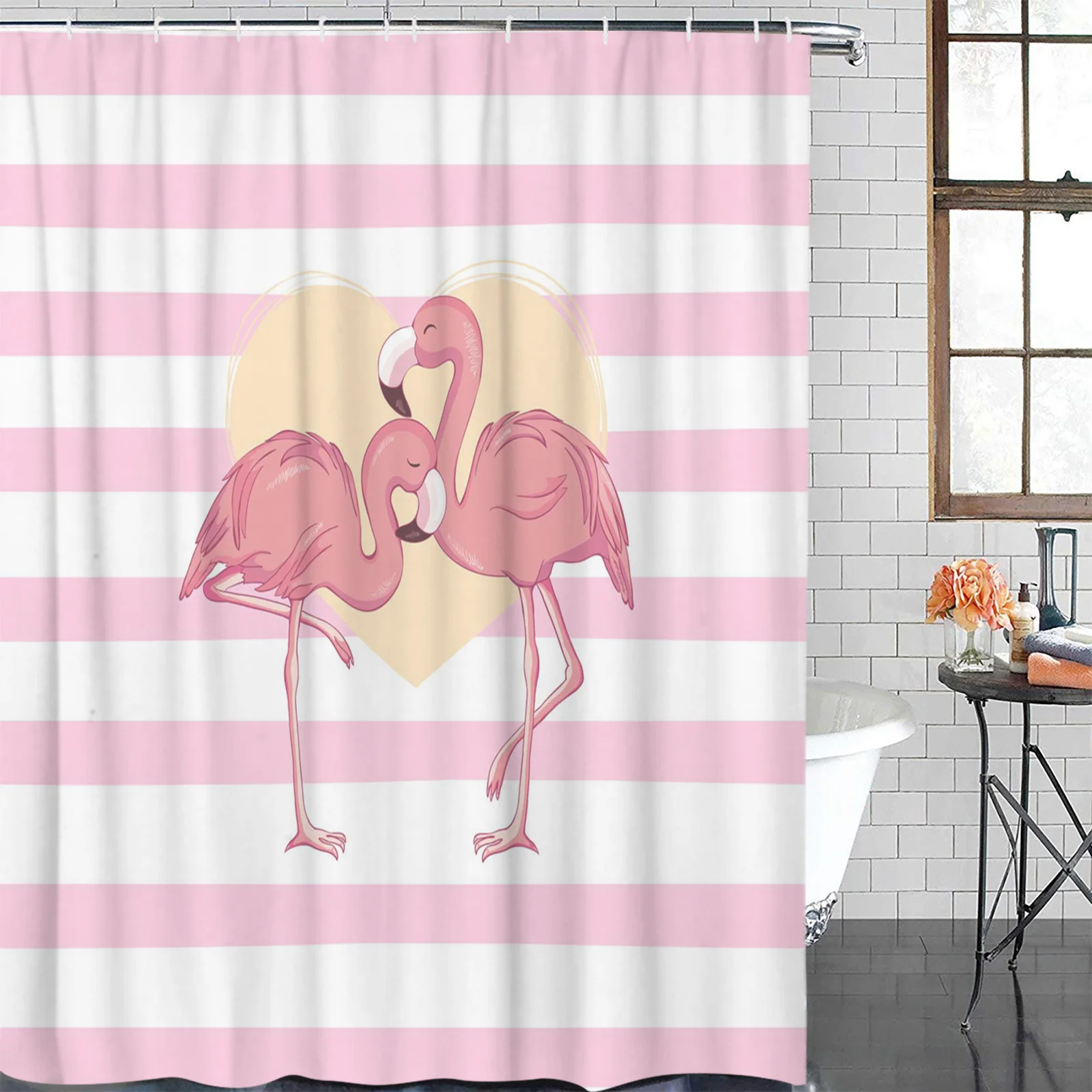 Pink Striped Flamingo Waterproof Bathroom Decoration Shower Curtain With Hook Printed Bathtub Curtains Bathroom Accessories