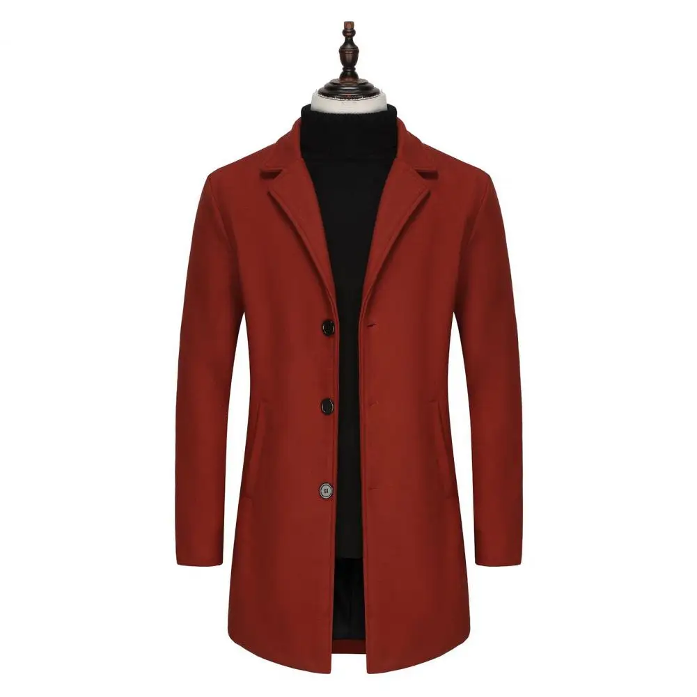 Men Solid Color Coat Stylish Men's Woolen Coat with Lapel Design Single-breasted Closure Solid Color Mid-length for Autumn